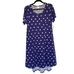 LuLaRoe Carly Swing Dress Medium Blue Pink Stripe Polka Dots High Low Hemline